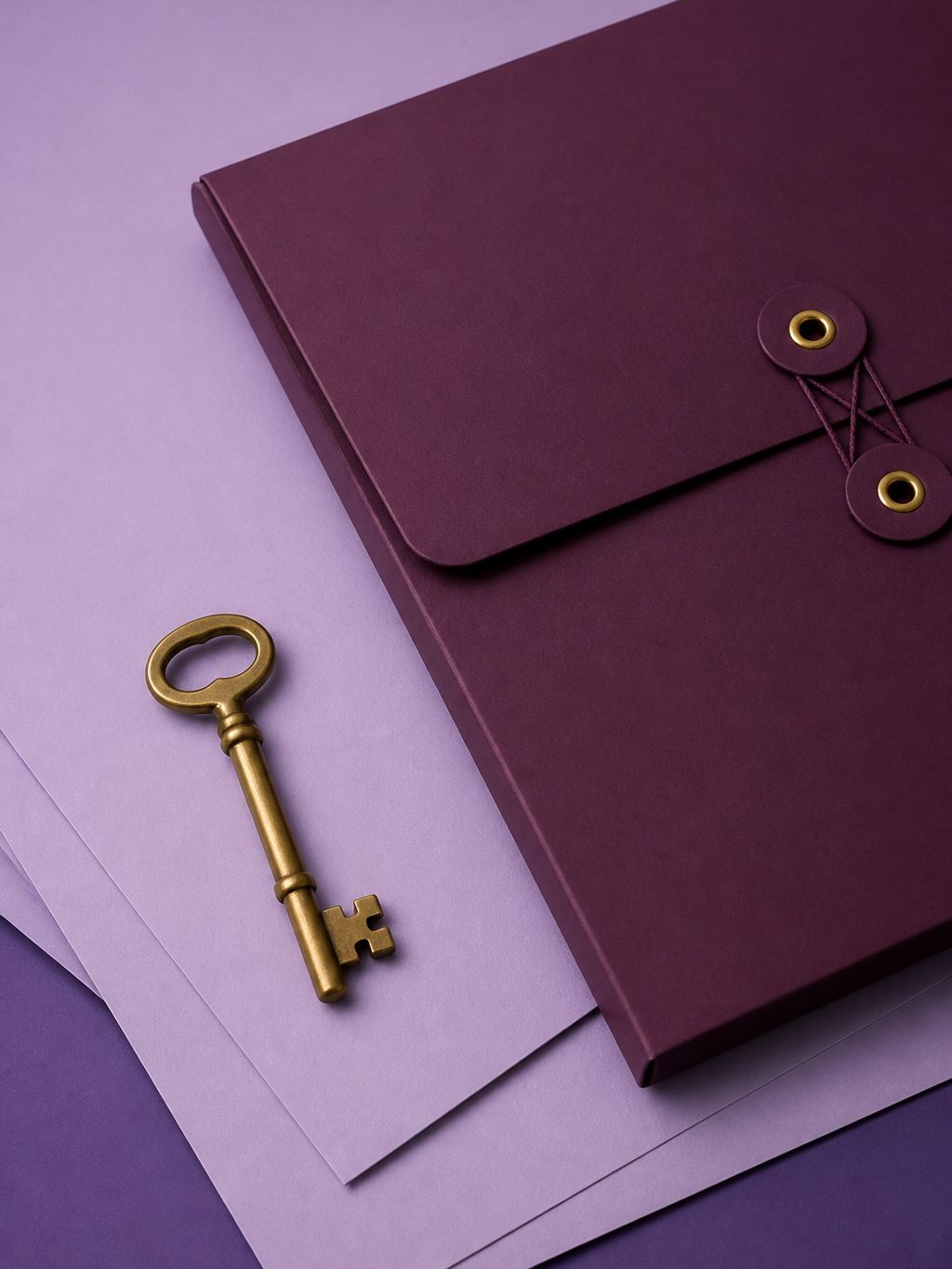 Brass key beside a closed plum folder on stacked paper