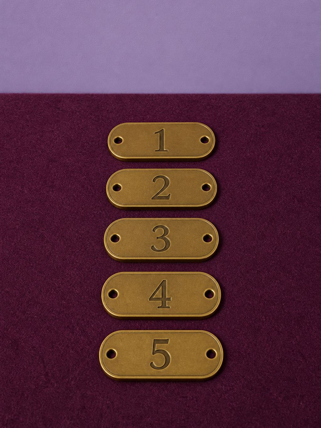 Numbered brass ranking tags laid in a column on plum felt