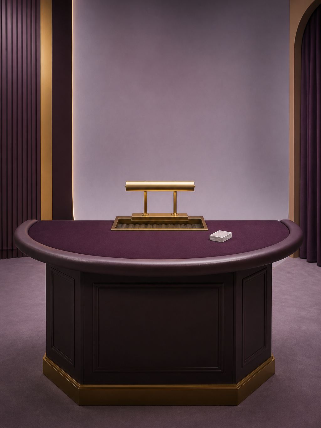 Empty dealer podium with a brass lamp and unused cards