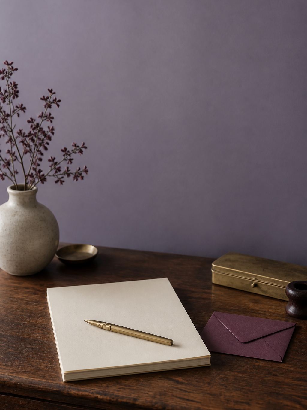 Notepad and brass pen on a correspondence desk