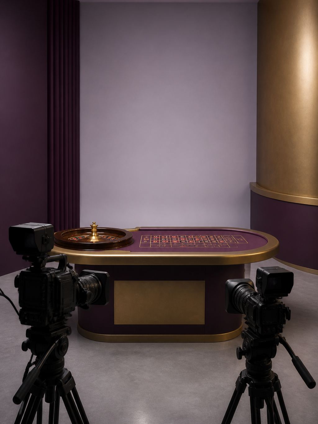 Empty live-casino studio with cameras facing a roulette table