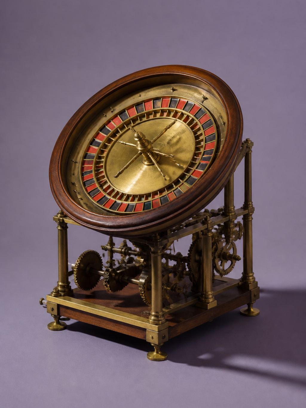 Historical brass and wood roulette mechanism on a lavender field