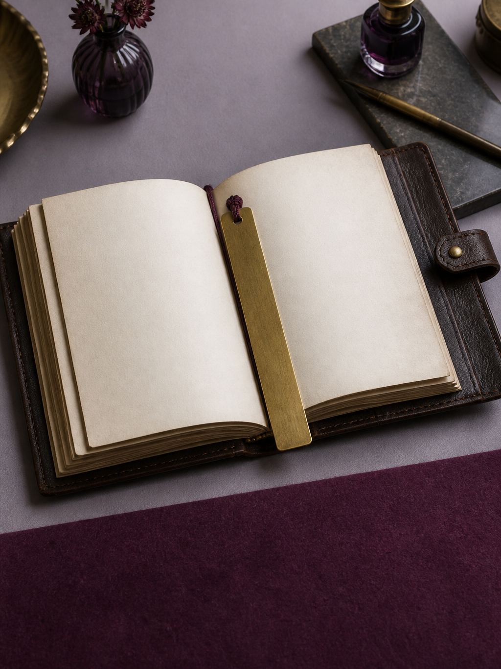 Open ledger with a brass bookmark on a lavender desk