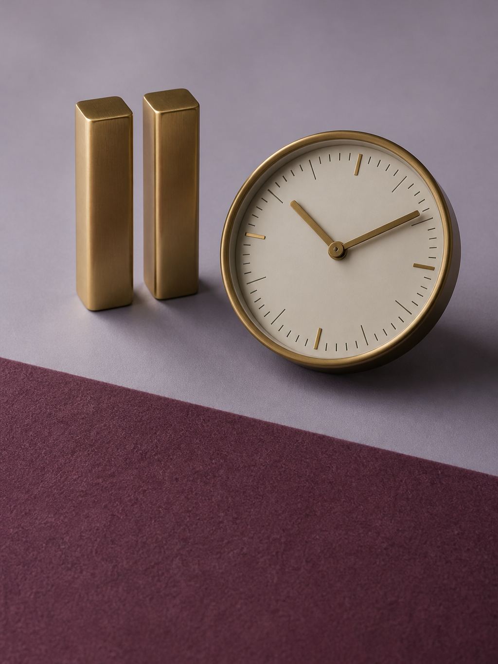 Brass pause object and a clock on a calm lavender surface