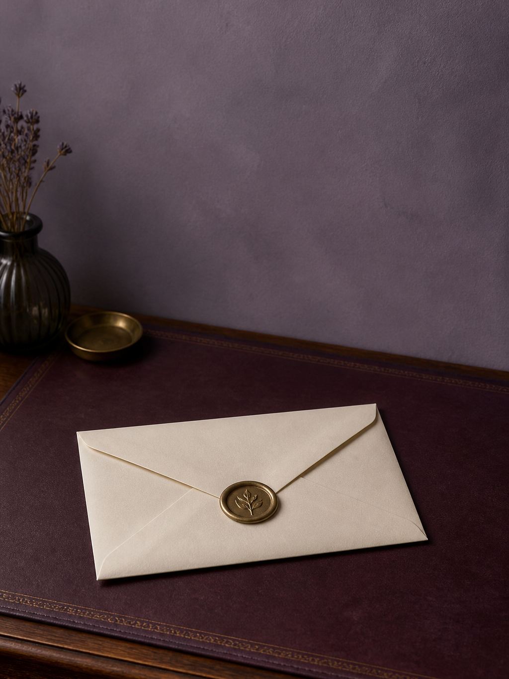 Sealed cream envelope with a brass wax seal on a plum blotter