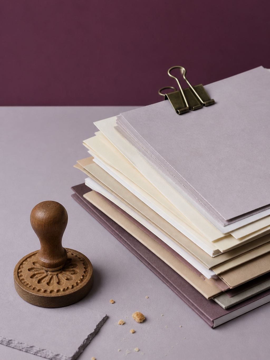 Document stamp and clipped papers on a lavender desk