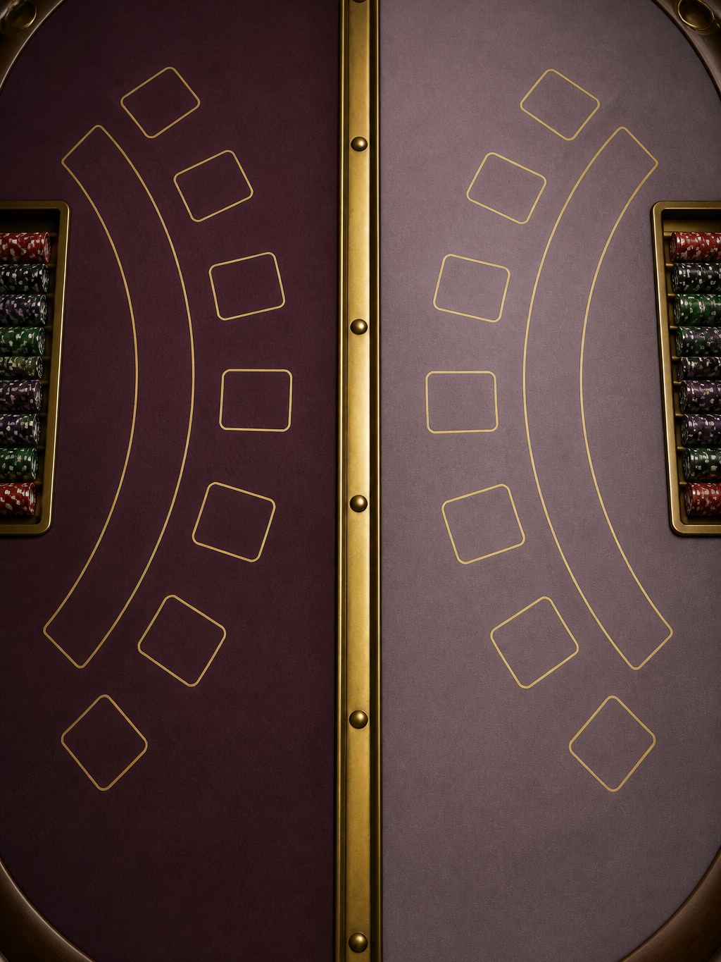Two facing empty blackjack layouts divided by a brass rail