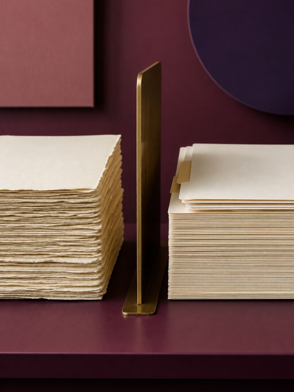 Two separate stacks of paper divided by a brass bar on a plum desk